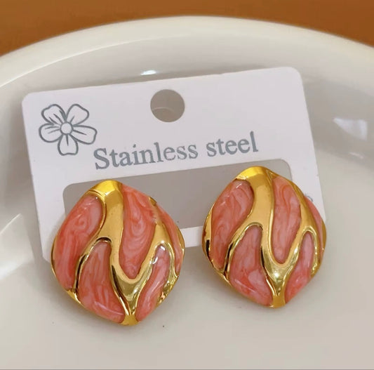 Luxury White Marble Gold Stud Earrings – Stainless Steel Chunky Statement Earrings for Women, Elegant Vintage Style Jewelry, Hypoallergenic Gift