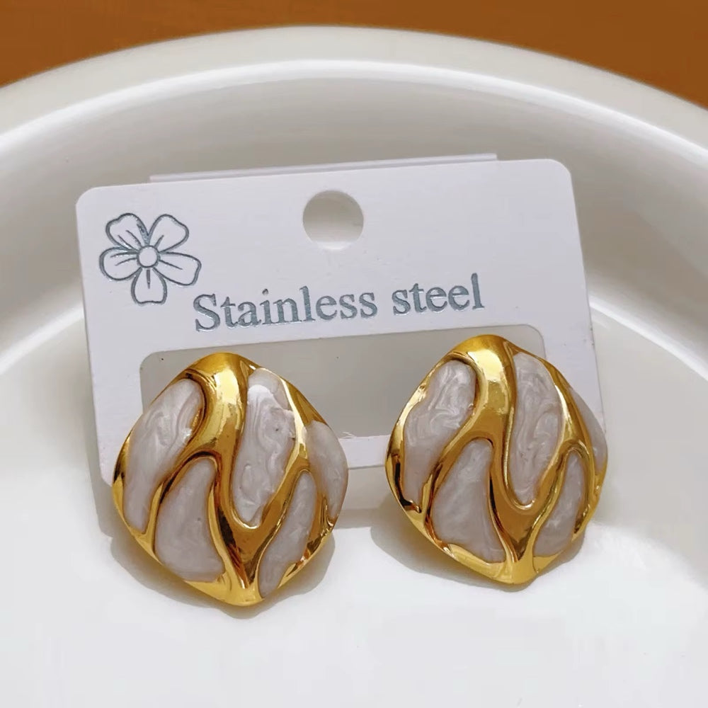 Luxury White Marble Gold Stud Earrings – Stainless Steel Chunky Statement Earrings for Women, Elegant Vintage Style Jewelry, Hypoallergenic Gift