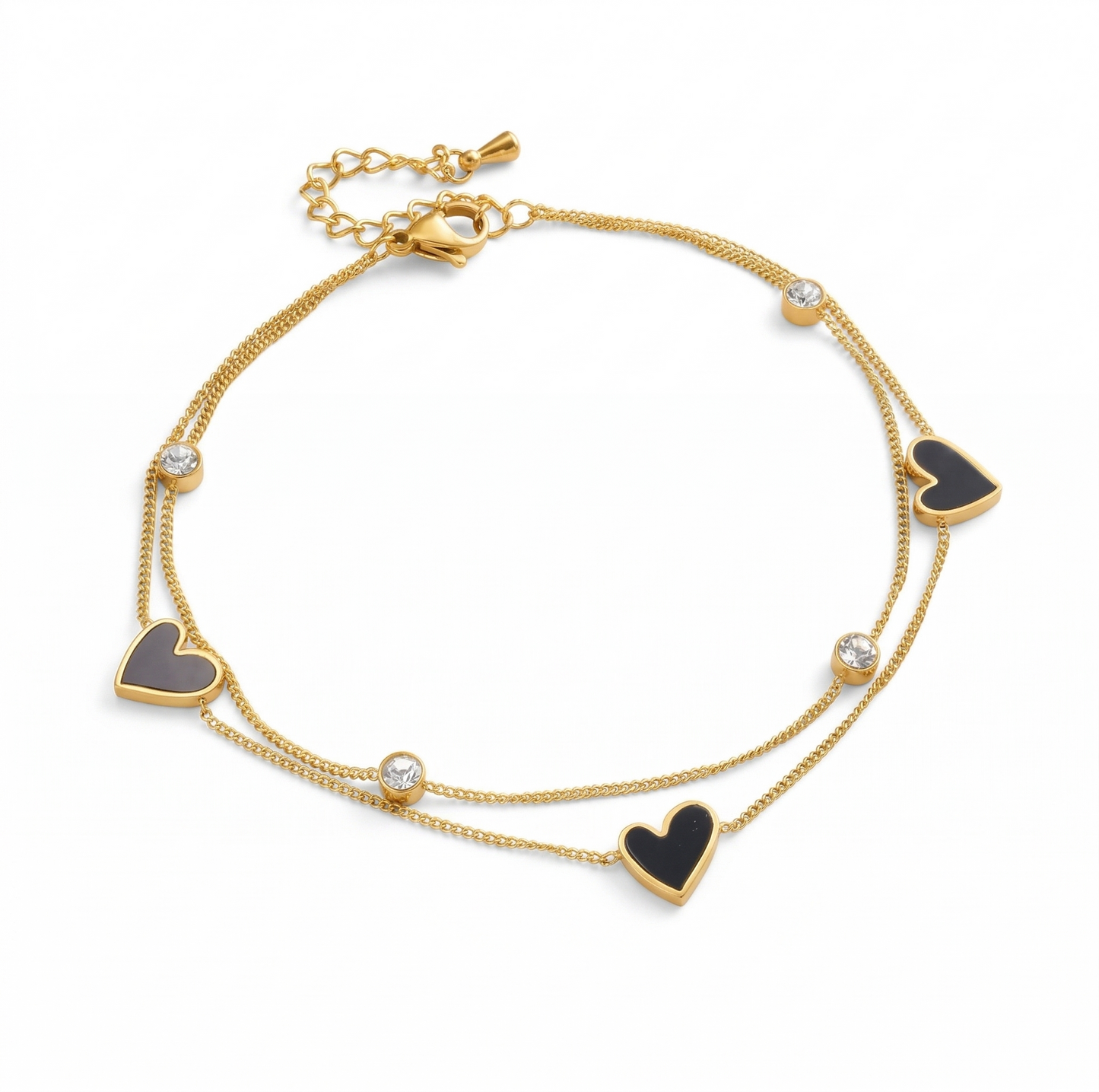 Gold Heart Anklet Bracelet – Stainless Steel Double Chain Anklet with Black Heart Charms & Crystal Accents, Adjustable Elegant Foot Jewelry for Women