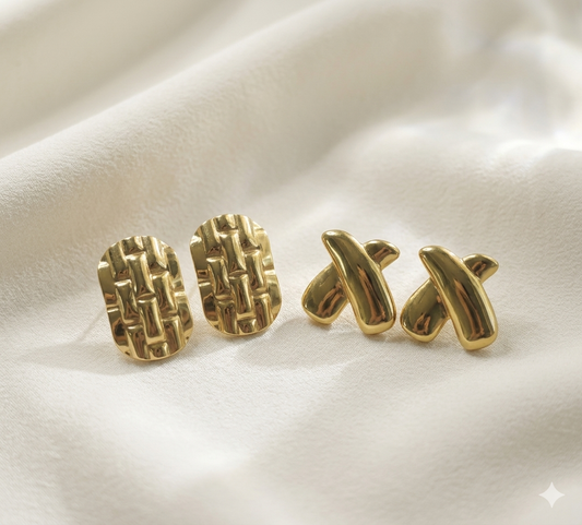 Gold Stainless Steel Stud Earrings Set Textured and Smooth Minimalist Luxury Earrings for Women